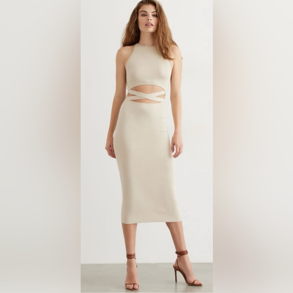 Dynamite Tan Ribbed Bodycon Dress with Halter Neckline